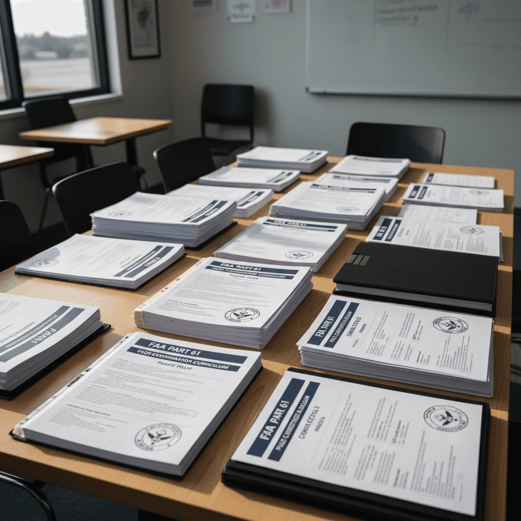 FAA Part 61 training materials on a table in a modern flight academy classroom