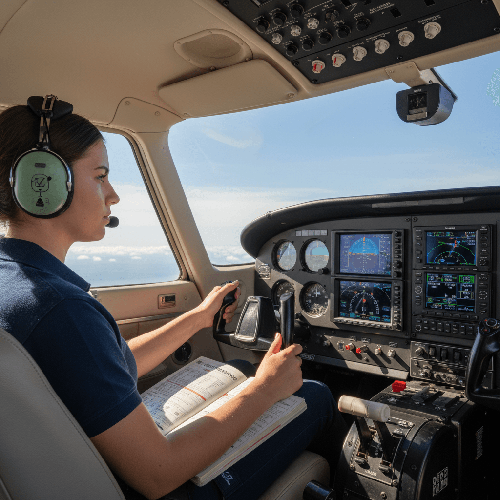 Student pilot operating aircraft controls in Cessna cockpit