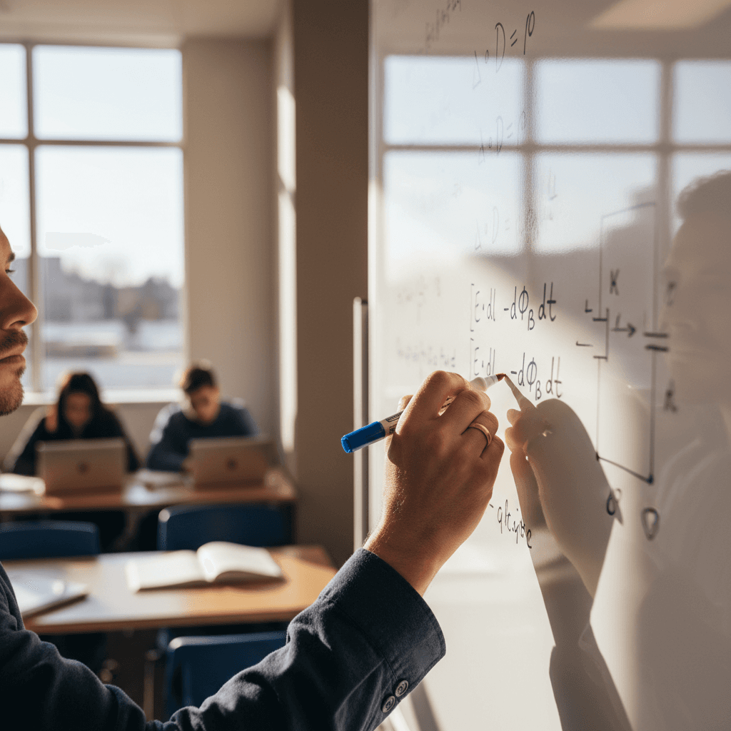 Engineering instructor writing technical equations on whiteboard during university lecture demonstration