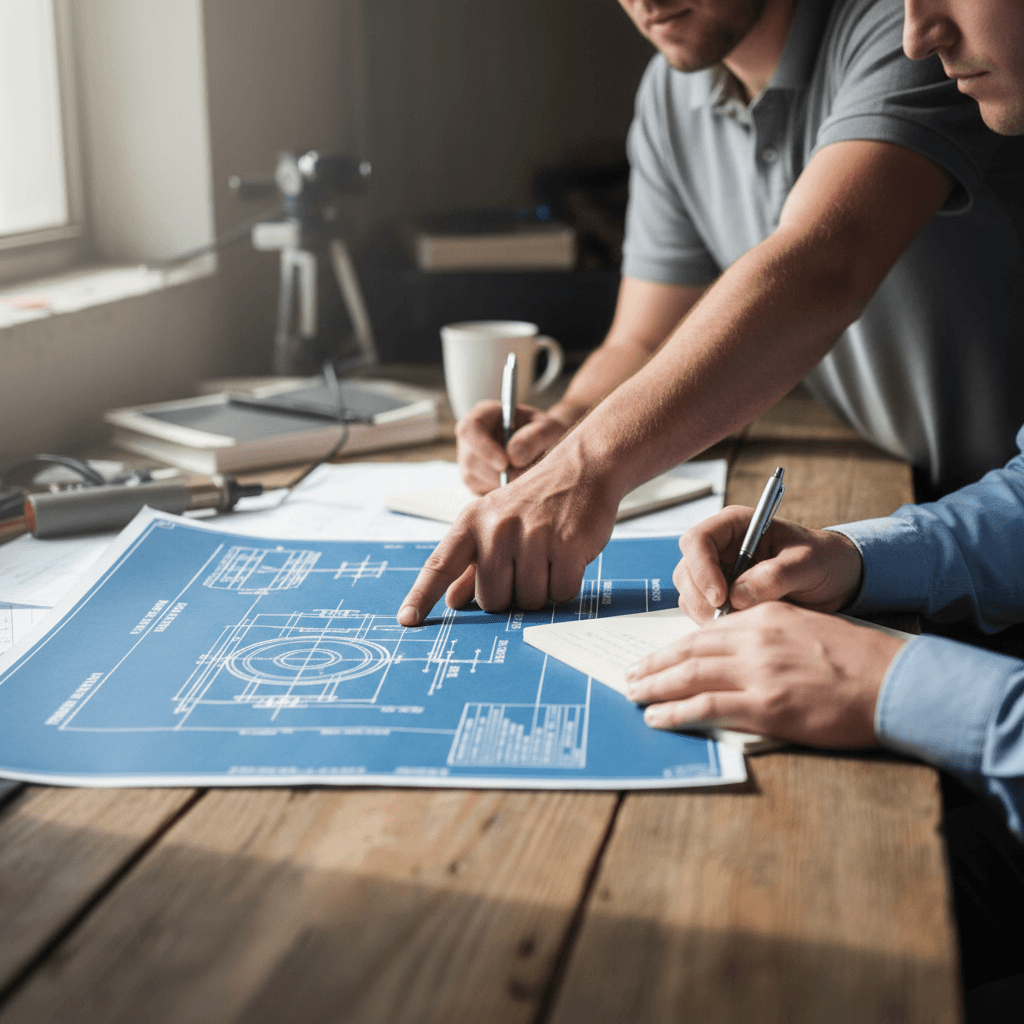 Flight instructor and student reviewing flight planning charts and training materials