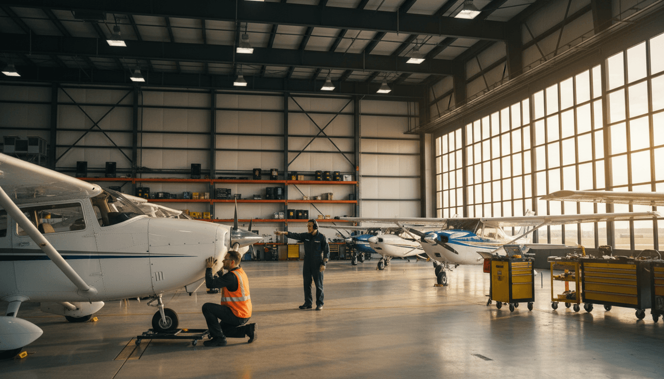 Pilot and technician performing preflight checks in modern hangar with fleet of aircraft in background
